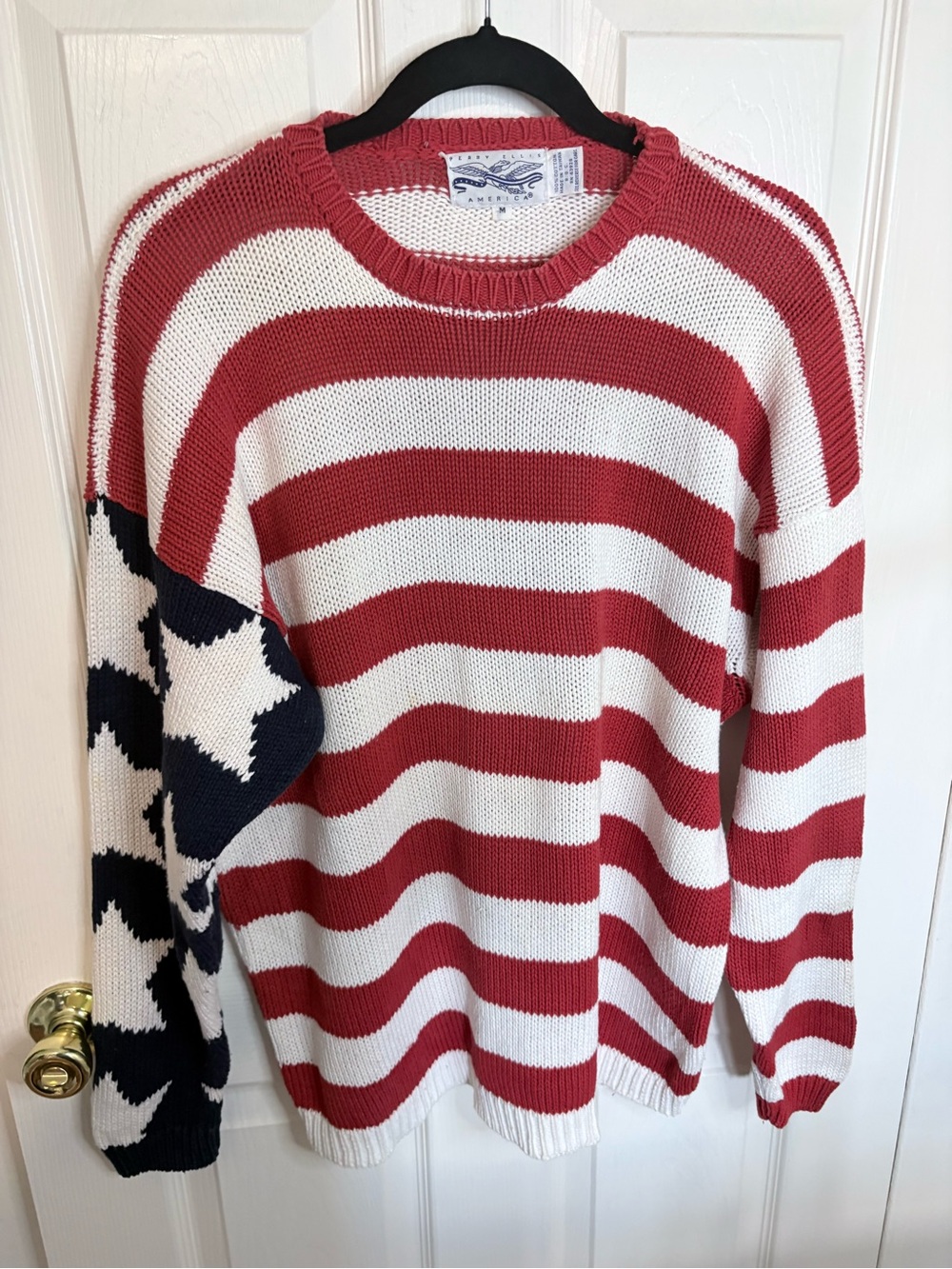 Vintage Perry Ellis America USA Flag Sweater Red White Blue Cotton Knit Unisex - Picture 2 of 9